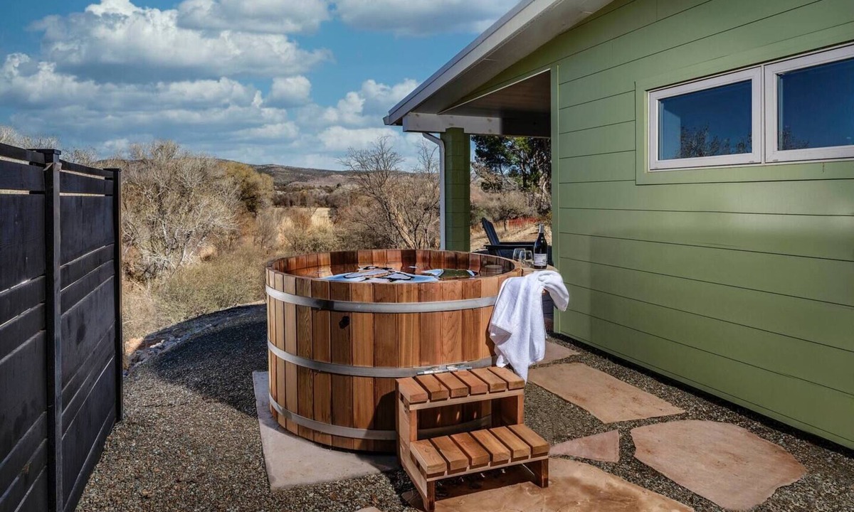 Cornville House | Peaceful creek-country escape that feels almost magical, with a private trail to Oak Creek and a cedar hot tub off the master bath. Very private, yet 10 min to wineries and 25 min to Sedona. Usually 10-15 degrees cooler than Phoenix.