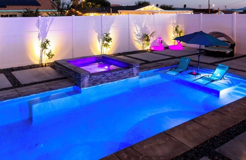 Desert Hot Springs House | Boho Desert Retreat-Saltwater Pool Oasis - Game Room - Mountain Sunsets